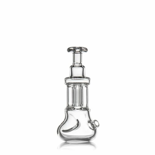 The MJ Arsenal Tetra, a clear glass water pipe featuring a rounded base, cylindrical neck, and decorative ridges, stands upright on a white background.