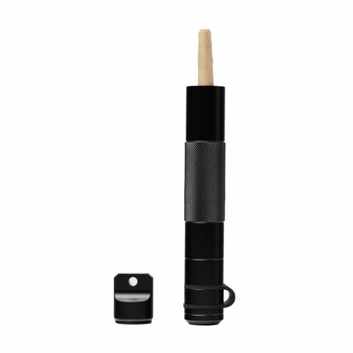 The Mj Arsenal Phoenix Baton is a black metal survival fire starter with a textured grip and a beige ferrocerium rod, its cap detached and placed beside it—an essential tool or smoking accessory displayed on a white background.