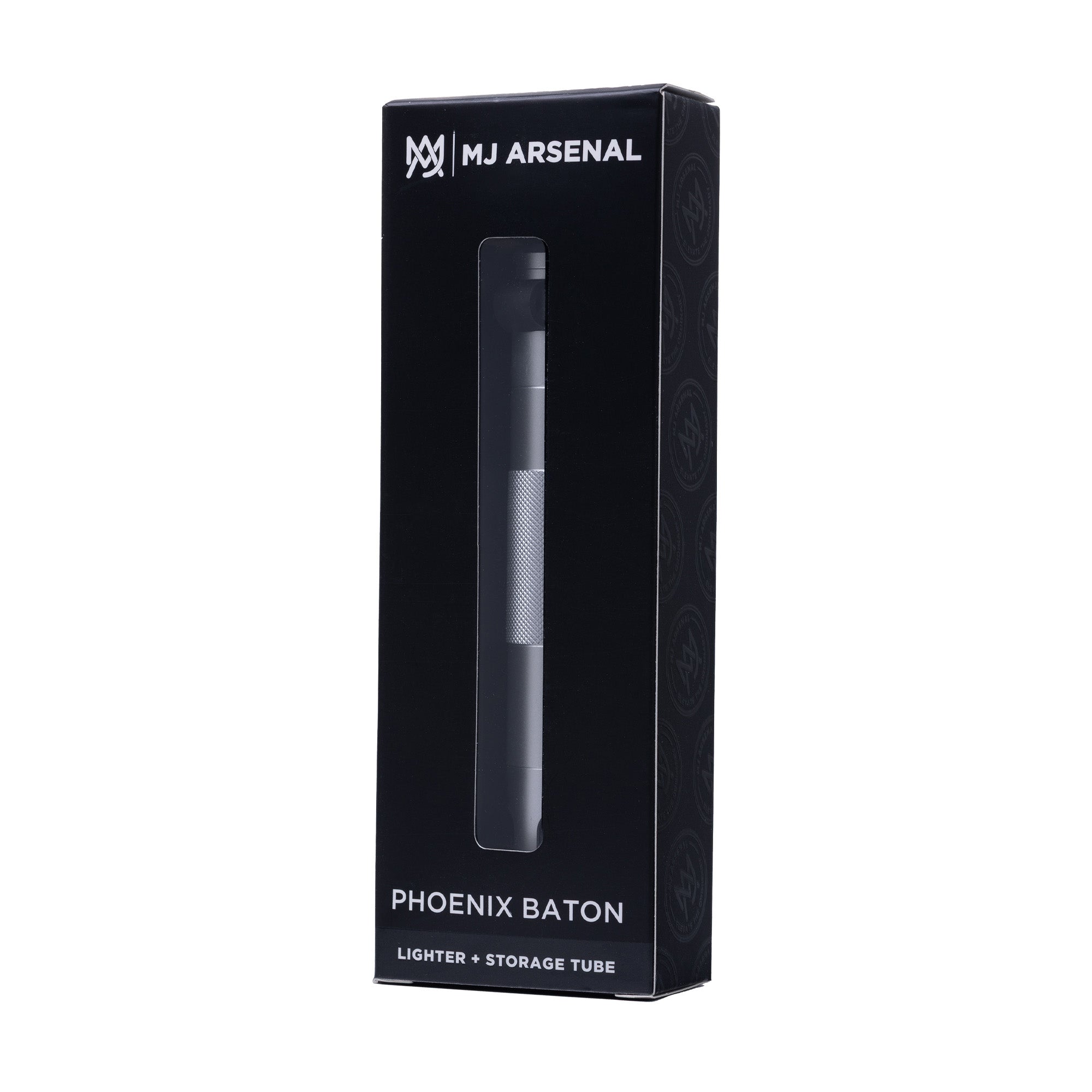 A black box with a clear window showcases the sleek silver Mj Arsenal Phoenix Baton. The top of the packaging reads "Mj Arsenal," while the bottom displays "Phoenix Baton Lighter + Storage Tube" in bold white text.