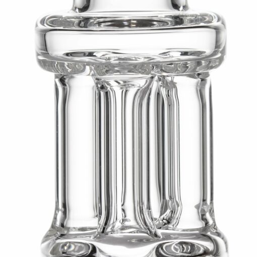 Close-up of the MJ Arsenal Tetra dab rig, showcasing clear glass with vertical and horizontal ridges. Its smooth, reflective surfaces create shiny highlights and unique light distortions for a striking appearance.