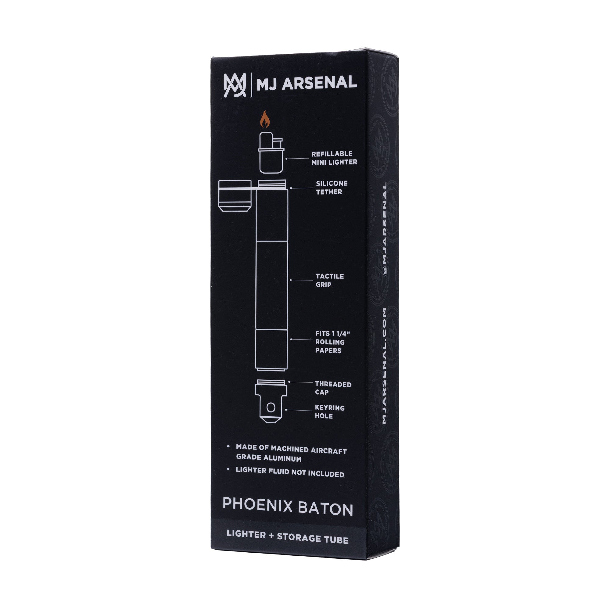 The Mj Arsenal Phoenix Baton comes in a black box featuring product illustrations, descriptions, and bold white MJ Arsenal branding on the packaging.