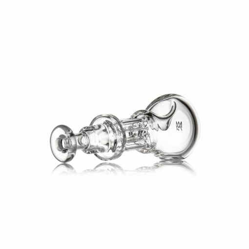 The MJ Arsenal Tetra, a clear glass pipe with a rounded bowl and intricate design, rests on its side against a white background.