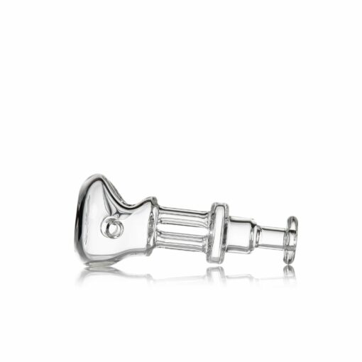 The MJ Arsenal Tetra is a clear glass smoking pipe featuring a bowl at one end and a straight, cylindrical stem, capturing MJ Arsenal’s minimalist style. Displayed on a white background.