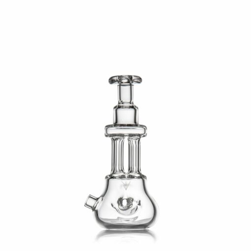 The MJ Arsenal Tetra, a clear glass water pipe with a wide base, straight neck, and side mouthpiece, is displayed upright against a plain white background.
