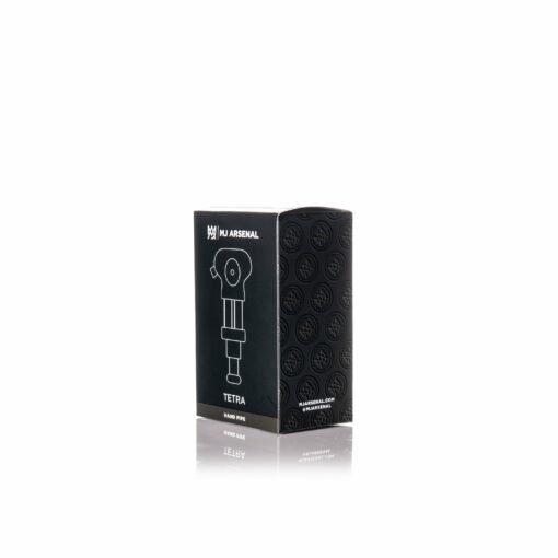 A black and white box labeled MJ Arsenal Tetra with simple line art of the device and a pattern of circular logos on the side, displayed on a white background.