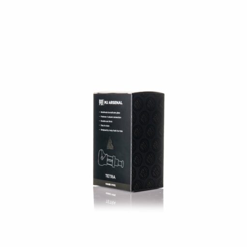 A sleek black box with white text and graphics highlights the MJ Arsenal Tetra, featuring bold product branding, a simple pipe illustration, and key features displayed on the front of the packaging.