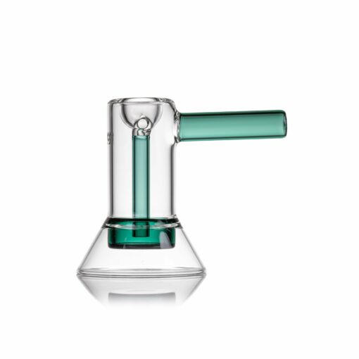 The MJ Arsenal Cove Glass Bubbler, shown against a white background, features a clear glass body with a conical base, cylindrical top, horizontal green-tinted handle, and inner green accent tube.