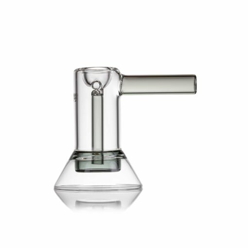 The MJ Arsenal Cove Glass Bubbler is a clear glass piece featuring a cylindrical chamber, side handle, and conical base, displayed against a white background.