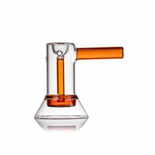 A clear MJ Arsenal Cove Glass Bubbler with an orange-tinted vertical chamber and matching orange mouthpiece is displayed on a white background, highlighting its sleek, modern style.