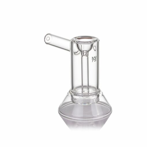 The MJ Arsenal Cove Glass Bubbler, featuring a clear cylindrical chamber, straight side spout, and wide conical base, is displayed on a white background.