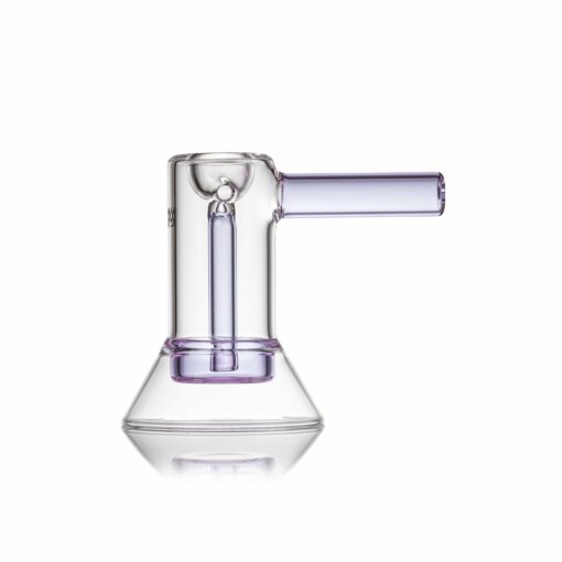 The MJ Arsenal Cove Glass Bubbler is a clear and light purple water pipe featuring a beaker base, vertical chamber, and horizontal mouthpiece, shown on a white background.