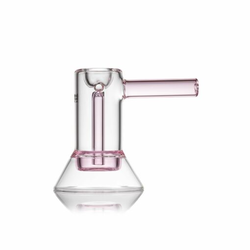 The MJ Arsenal Cove Glass Bubbler is a clear and light pink water pipe featuring a cylindrical chamber, straight side mouthpiece, and conical base, shown on a white background.