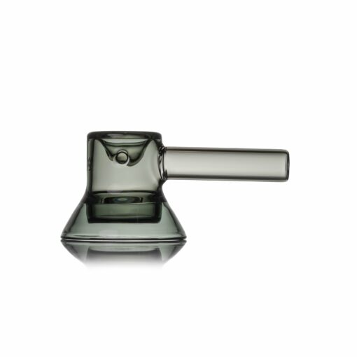 The MJ Arsenal Grotto Glass Pipe is a modern, transparent pipe featuring a wide base, short cylindrical body, and elongated side handle, shown against a white background.