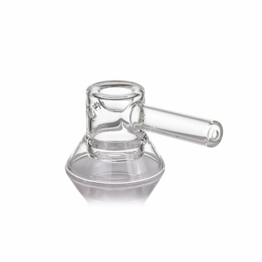 The MJ Arsenal Grotto Glass Pipe is clear with a cylindrical spout and a round, wide base, displayed on a white background.