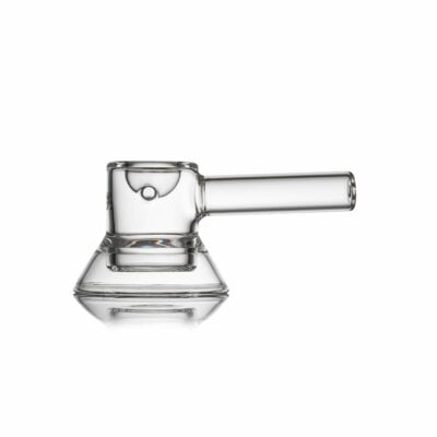 The MJ Arsenal Grotto Glass Pipe features a clear glass body with a cylindrical stem and wide, flat base, shown against a plain white background.