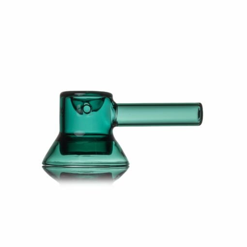 The MJ Arsenal Grotto Glass Pipe features a modern translucent green design with a cylindrical bowl and straight handle, shown against a white background.