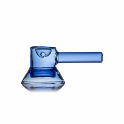 The MJ Arsenal Grotto Glass Pipe is a modern blue glass pipe with a cylindrical bowl and straight handle, clean lines, and a reflective surface, shown on a white background.