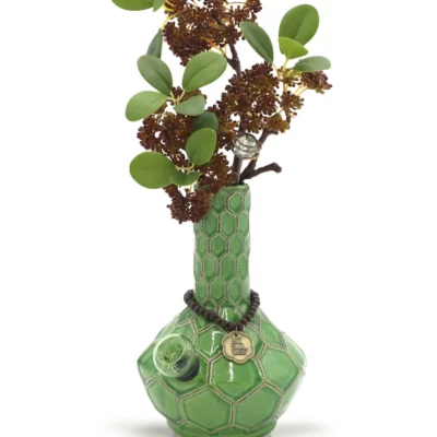 The TURTLE VASE BONG is a green ceramic piece with a hexagon pattern, shaped like a turtle. It holds branches with round green leaves and small dark red flower clusters, and features two charms on a string around its neck.
