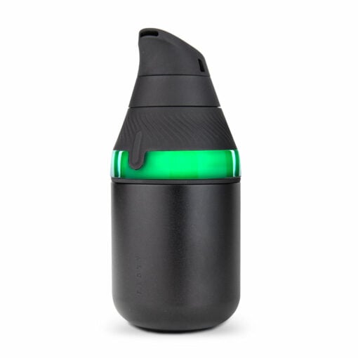 The Puffco Proxy Core Kit features a sleek black device with a green illuminated band and a curved spout-like top. Its modern, minimalist design with smooth surfaces makes it an essential addition to any setup.