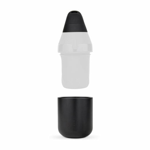 A black, cylindrical Puffco Proxy Core sits beneath the semi-transparent black-and-white outline of a water bottle cap and top section, all set against a plain white background.