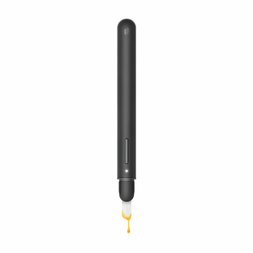 A sleek Puffco New Hot Knife in black dispenses a drop of yellow liquid from its tip, shown vertically against a white background.