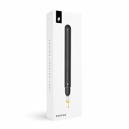 A sleek black Puffco New Hot Knife with concentrate at its tip appears on the front of a minimalist white box labeled “Puffco,” featuring vertical text.