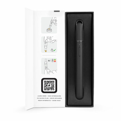 A Puffco New Hot Knife in a sleek black case, next to an open lid showing illustrated usage instructions and a QR code for multilingual information.