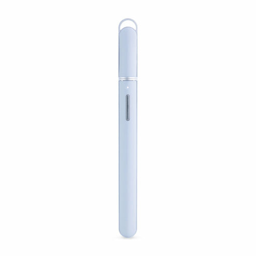 A slim, light gray Puffco pen with a cap stands upright on a white background. The minimalist design features a small button or clip near the top, reminiscent of the sleek style found in Hot Knife accessories.
