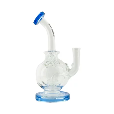 The mohave Bubbler Combo is a clear glass water pipe with a round base, blue accents on the mouthpiece and foot, an angled neck, and a side bowl opening—stylish design makes it the ideal smoking accessory.