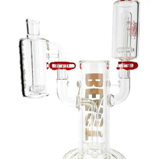 The Beast Bubbler Combo is a clear glass water pipe with two attached chambers, secured by red clips. The main tube features "BEER" printed in large white letters.