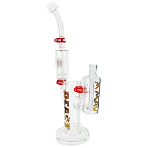 The Beast Bubbler Combo is a clear glass water pipe with multiple chambers, red clips, gold and brown patterned designs, and a curved mouthpiece.