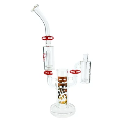 The Beast Bubbler Combo features clear glass with red accents, BEAST in bold gold and white on the main chamber, multiple chambers for filtration, and a bent neck mouthpiece for smooth, powerful hits.