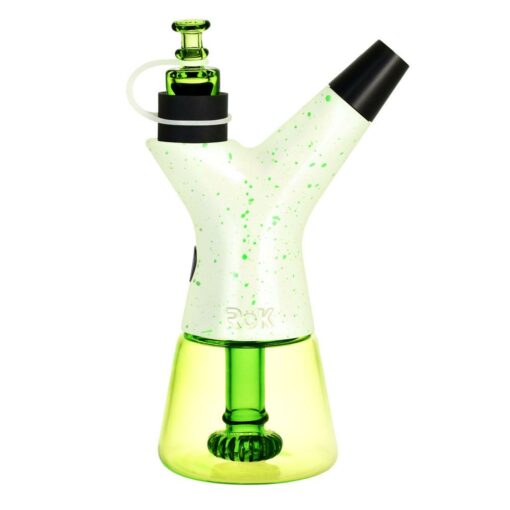The Pulsar RöK Electric Dab Rig - Luna Glow has a white and green-speckled body, black mouthpiece, and a transparent green glass base with built-in percolator for smooth sessions.