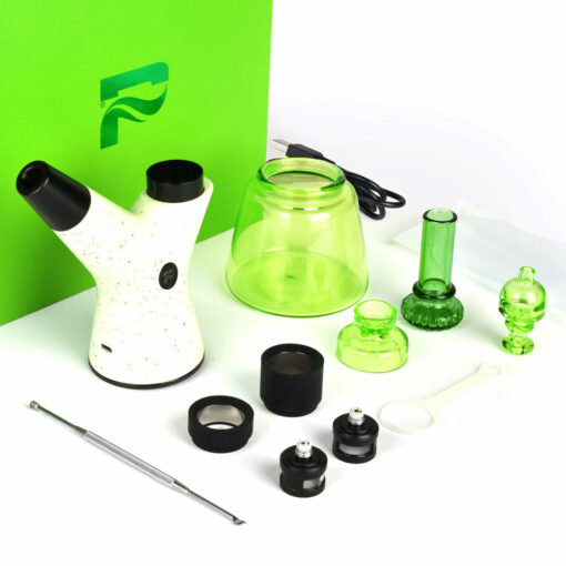 The Pulsar RöK Electric Dab Rig - Luna Glow is a white and green device with detachable glass and plastic parts, a metal tool, charging cable, and comes in green packaging with a stylized P logo.