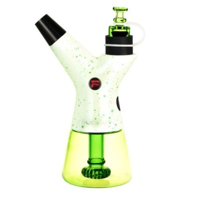 A white and translucent green Luna Glow water pipe with black accents, featuring a speckled design, cylindrical base, and angled mouthpiece—designed for smoking or vaporizing substances.