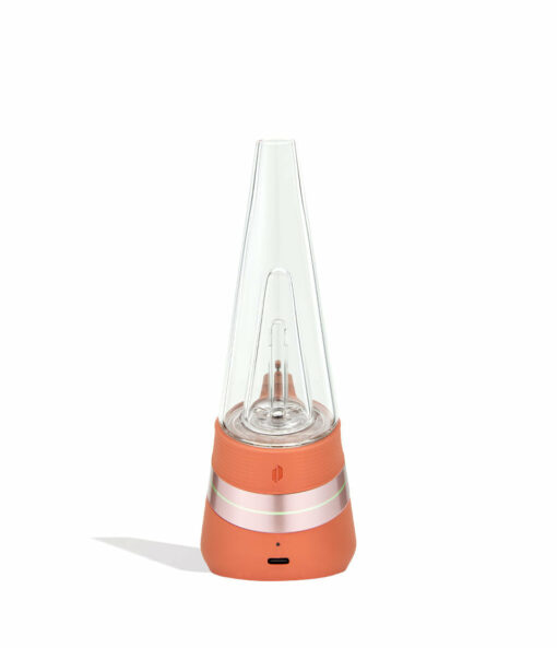 The Puffco Peak Smart E-Rig Limited Edition Canyon is a modern, cone-shaped portable speaker with a coral base and transparent top, featuring a power button and charging port, shown against a white background.