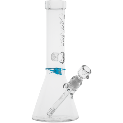 The Cookies Flame Beaker Bong is a clear glass bong with a straight neck, white Cookies branding, a blue accent, and includes an angled downstem and bowl.
