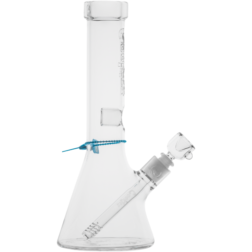 The Cookies Flame Beaker Bong features clear glass, a straight neck with ice catcher, removable downstem and bowl, plus a blue string tied at the neck—ideal for smooth sessions whether you’re relaxing solo or with friends.