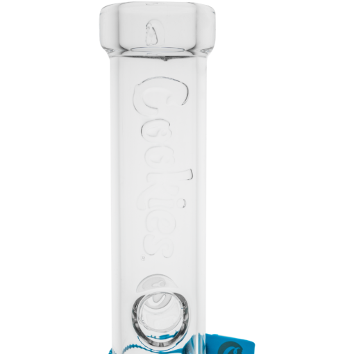 A clear glass tube with "Cookies" embossed vertically stands upright, its blue base visible at the bottom—an accessory ideal for pairing with your Cookies Flame Beaker Bong.