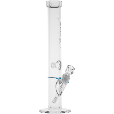 The Cookies Flame Straight 7mm Bong features a clear, cylindrical glass body, flat round base, and angled bowl with blue string around its neck. "Dopezilla" is etched vertically on the tube.