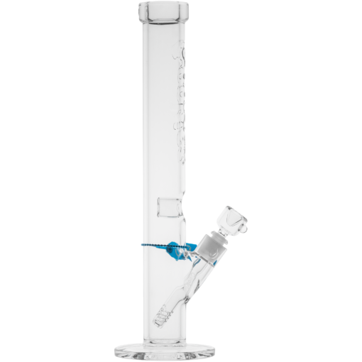 The Cookies Flame Straight 7mm Bong is a clear glass, cylindrical bong with a wide stable base and removable downstem and bowl secured by a blue clip—ideal for elevating your Cookies Flame sessions.