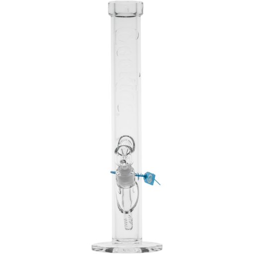 The Cookies Flame Straight 7mm Bong features clear, sturdy glass, a cylindrical body with flat base, visible bowl and downstem, a vertical “Cookies” logo on the tube, and a small blue tag attached.
