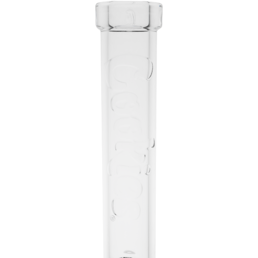 The Cookies Flame Straight 7mm Bong stands upright, crafted from clear glass with "Cookies" embossed vertically—offering smooth, stylish sessions in a sleek design.