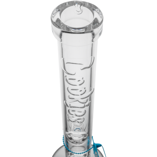 Close-up image of the neck of a clear glass bong with the word ROOR embossed vertically in large letters; the base and a blue accent are partially visible, similar in style to the Cookies Flame Straight 7mm Bong.