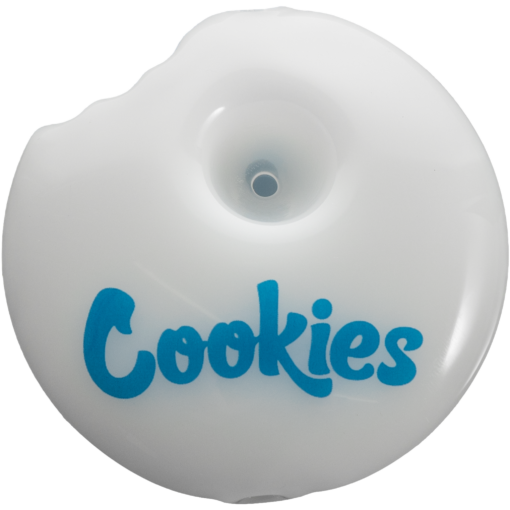 The Cookies Bite Pipe is a round white object with a center hole, a bite-shaped notch, and "Cookies" in blue lettering on the front.