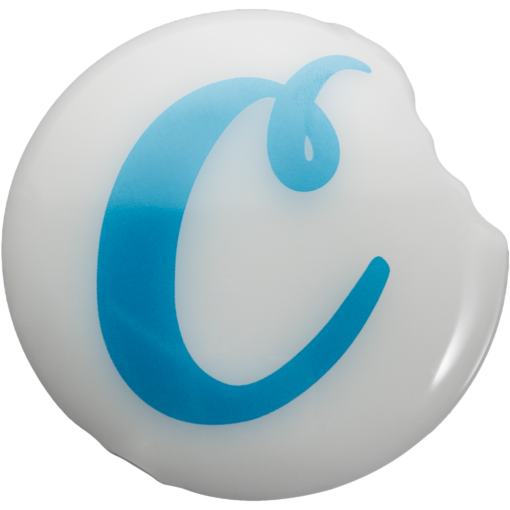 A white, round Cookies Bite Pipe with a light blue cursive "C" and a bite mark on the upper right—perfect for any fan of Cookies or the Bite Pipe.