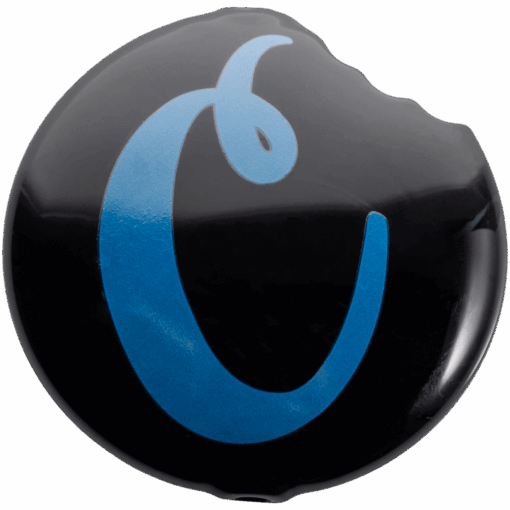The Cookies Bite Pipe is a round black pipe featuring a blue cursive lowercase "c" and a bite mark on the upper right edge, giving it a playful, bitten cookie appearance.