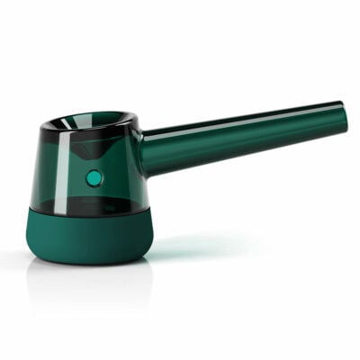 The Forge [Emerald] is a sleek, modern glass pipe with a wide base and long, angled mouthpiece. Its shiny emerald surface exudes luxury, resembling precious stone, and it rests elegantly against a white background.