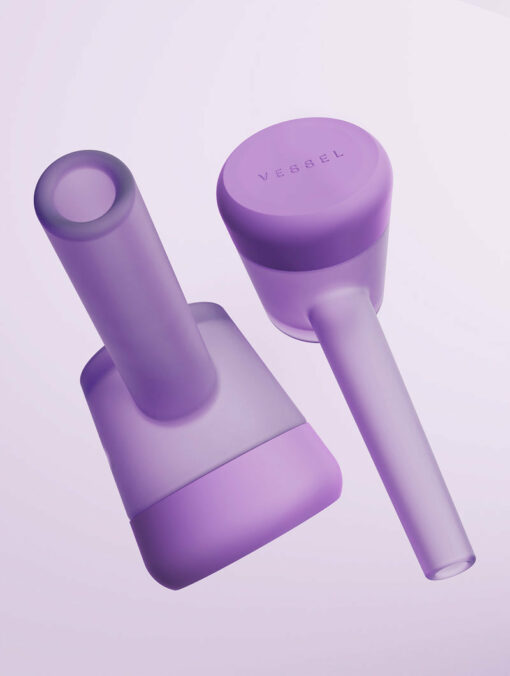 Two Forge [Lilac] cylindrical items with long handles are shown on a pastel background—one upright, one horizontal. "VESSEL" is labeled on the top of one.