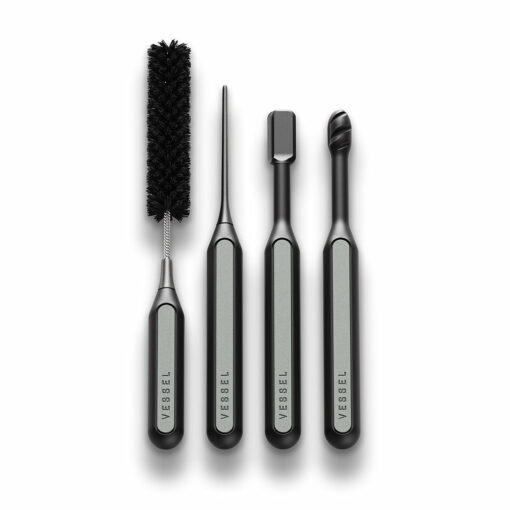 The Care Kit includes four black and silver tools with "VESSEL" on the handles—a brush, a pointed tool, a flathead screwdriver, and a grooved-tip tool—neatly arranged side by side on a white background.